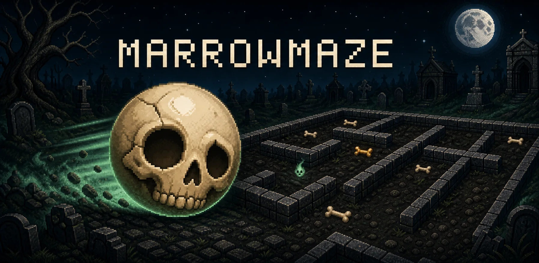 Marrowmaze: una calavera frente a un laberinto en un cementerio pixel art