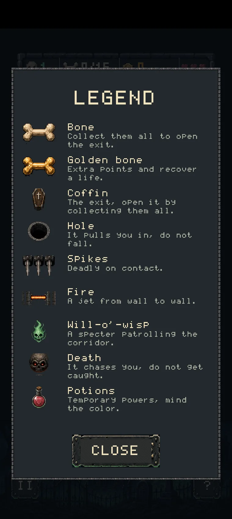 Leyenda actual de peligros y objetos de Marrowmaze