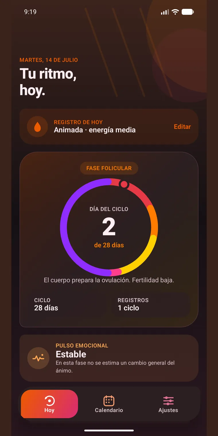 Pantalla de inicio de OwnCycle con el anillo del ciclo