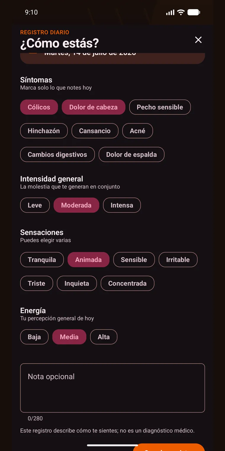 Registro diario de síntomas y sensaciones de OwnCycle