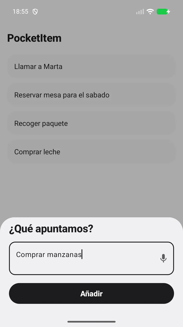 Pantalla para añadir un elemento en PocketItem