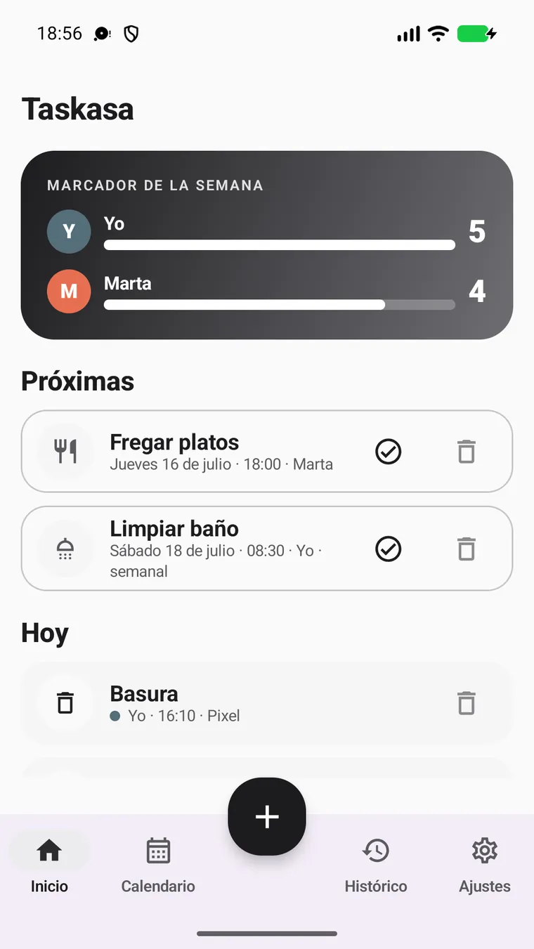 Inicio de Taskasa con marcador y tareas próximas